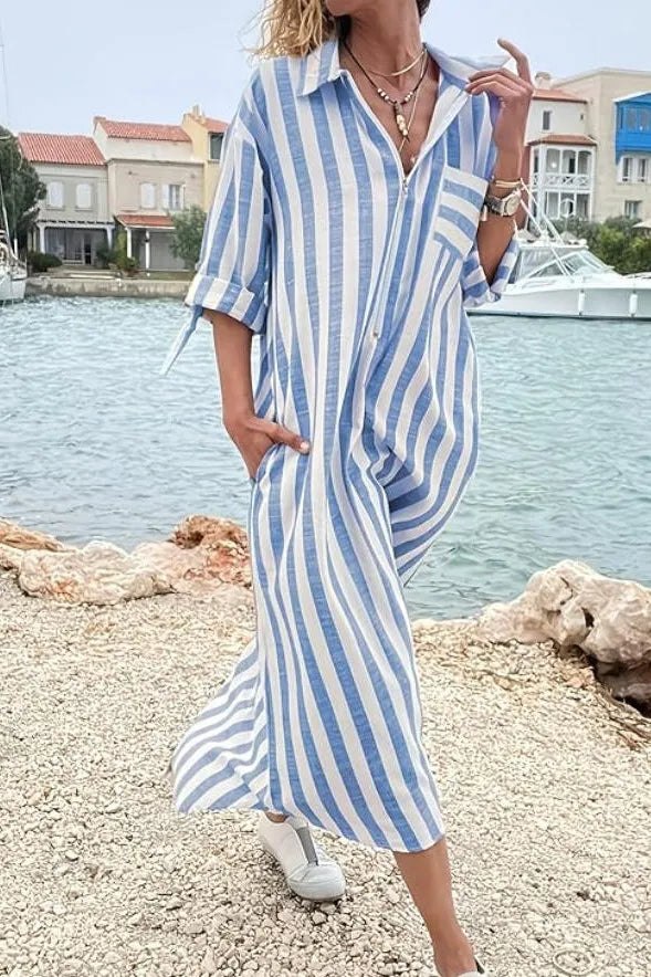 Mirna Blue Stripe Zip‑Front Shirt Dress