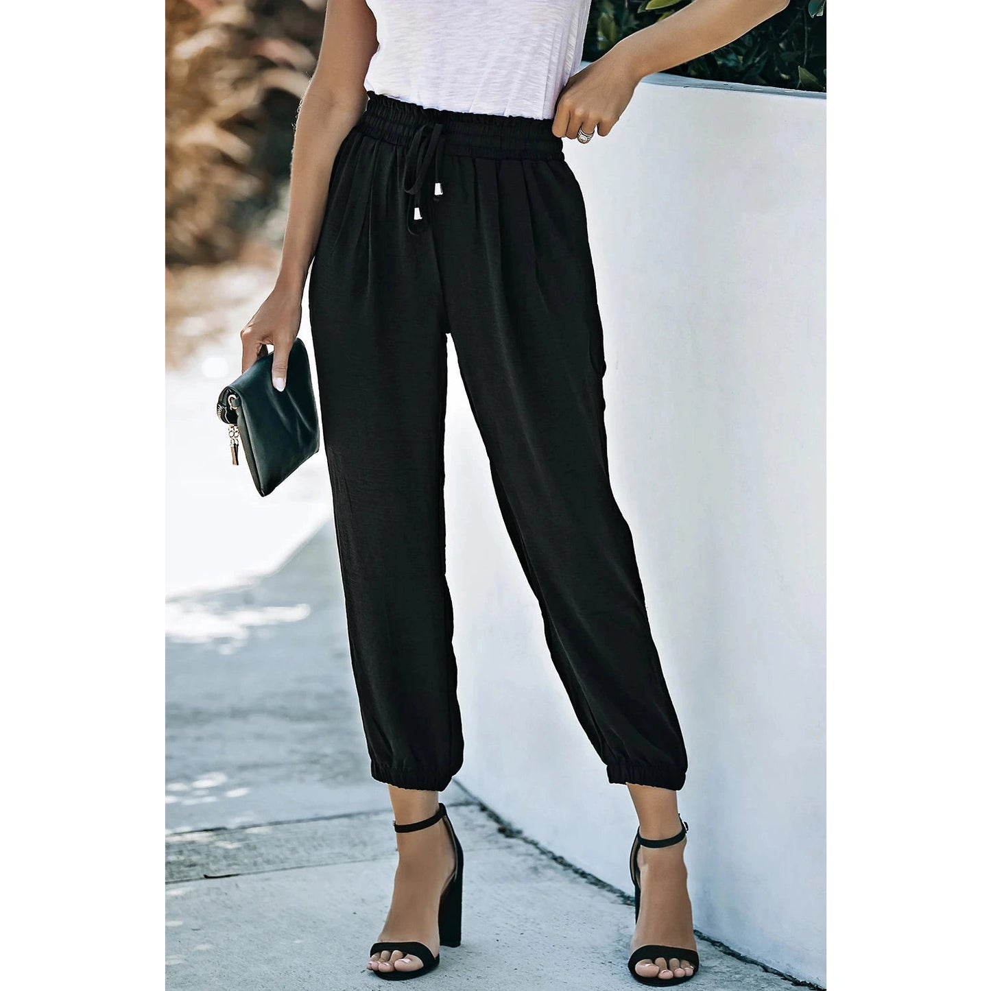 Mina Black Drawstring Smocked Waist Joggers