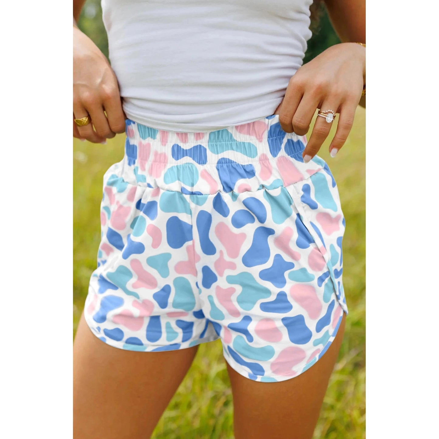 Mindy Blue & Pink Camouflage Print Shirred High Waist Athleisure Shorts