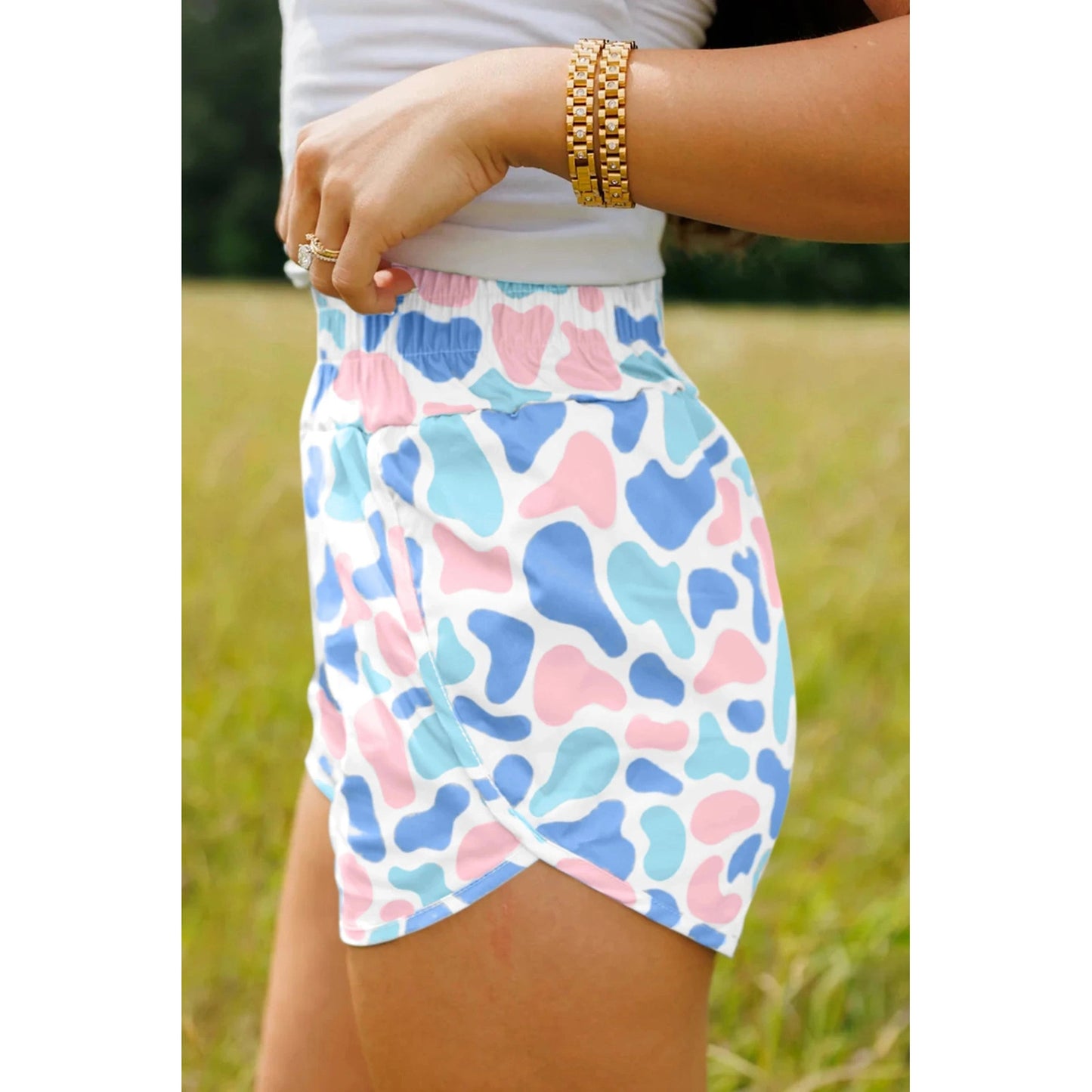 Mindy Blue & Pink Camouflage Print Shirred High Waist Athleisure Shorts