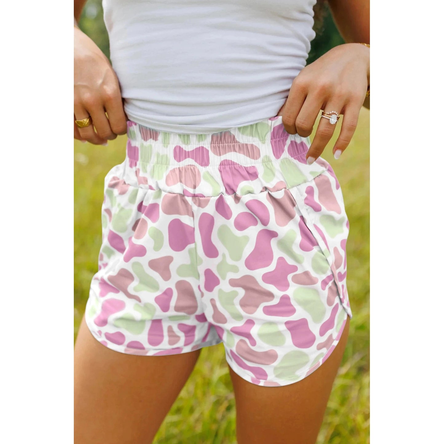 Mindy Pink & Green Camouflage Print Shirred High Waist Athleisure Shorts