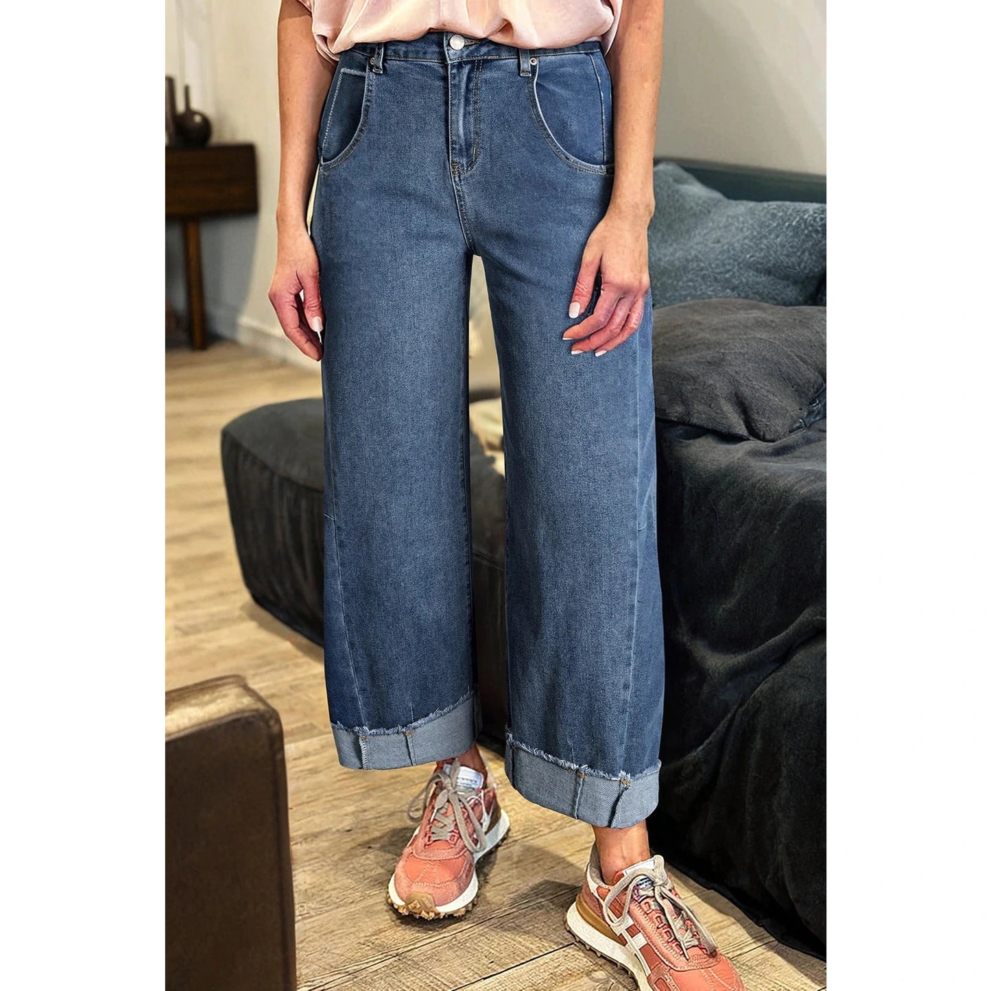 Mira Ashleigh Blue Stitched Raw Hem Wide Leg Loose Jeans