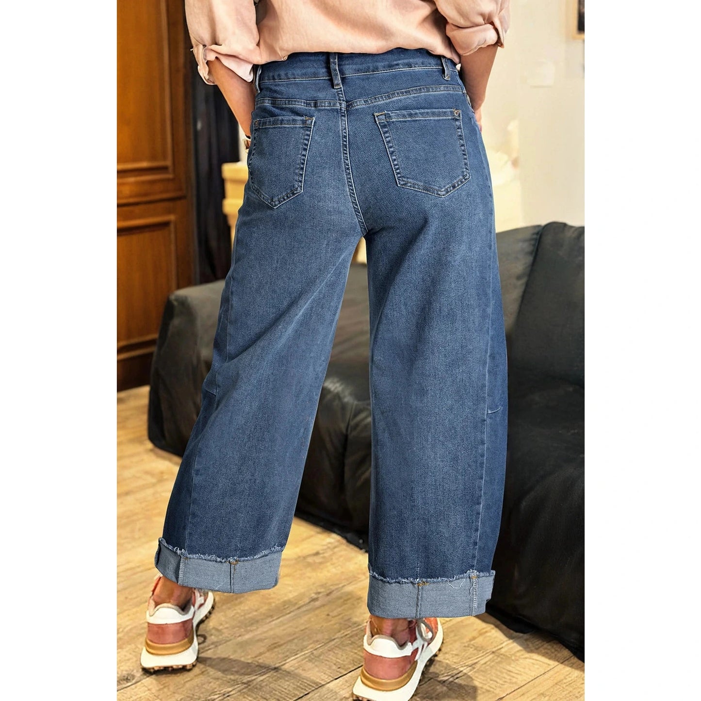 Mira Ashleigh Blue Stitched Raw Hem Wide Leg Loose Jeans