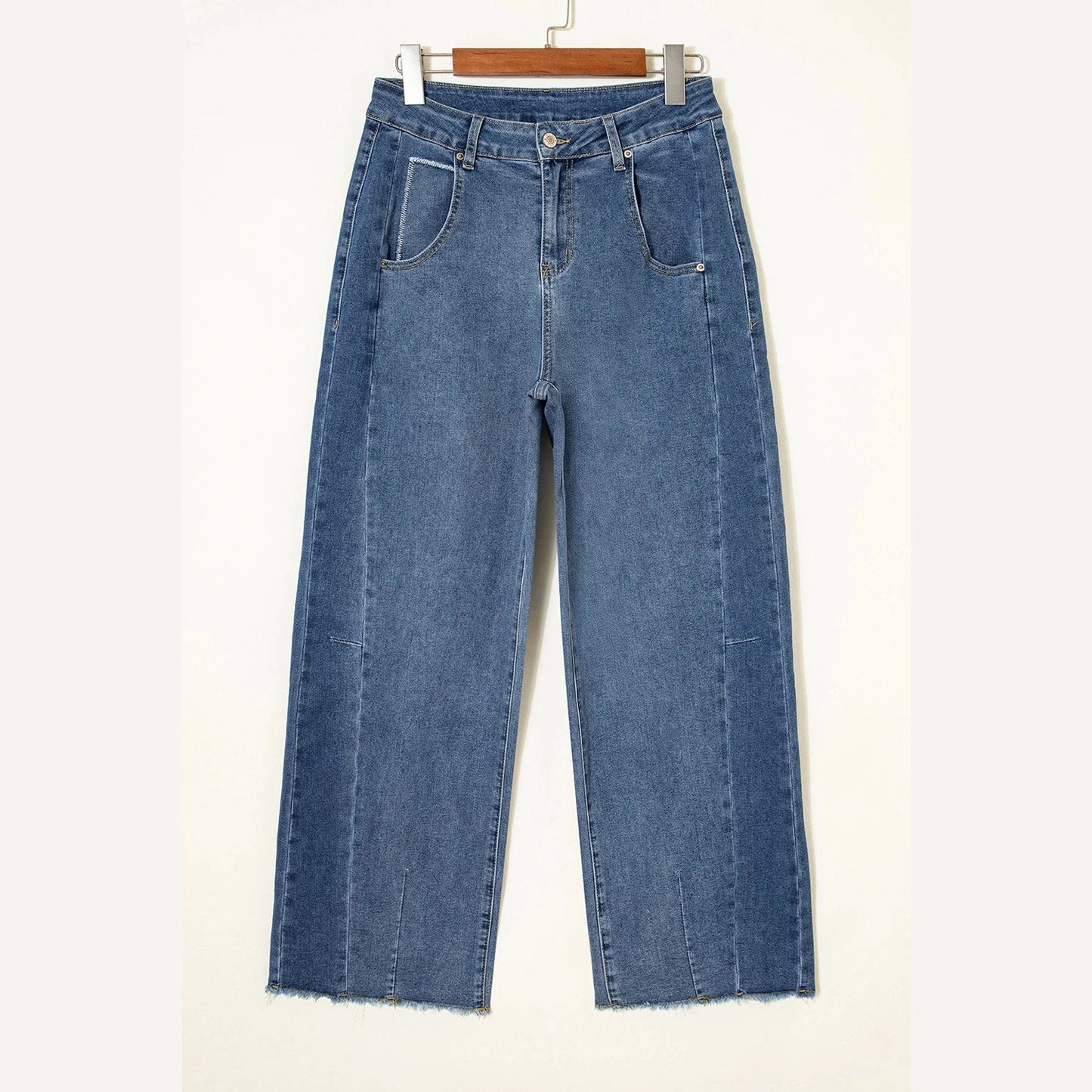 Mira Ashleigh Blue Stitched Raw Hem Wide Leg Loose Jeans