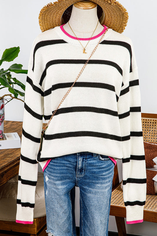 Miranda White Stripe Color Contrast Drop Shoulder Crew Neck Sweater