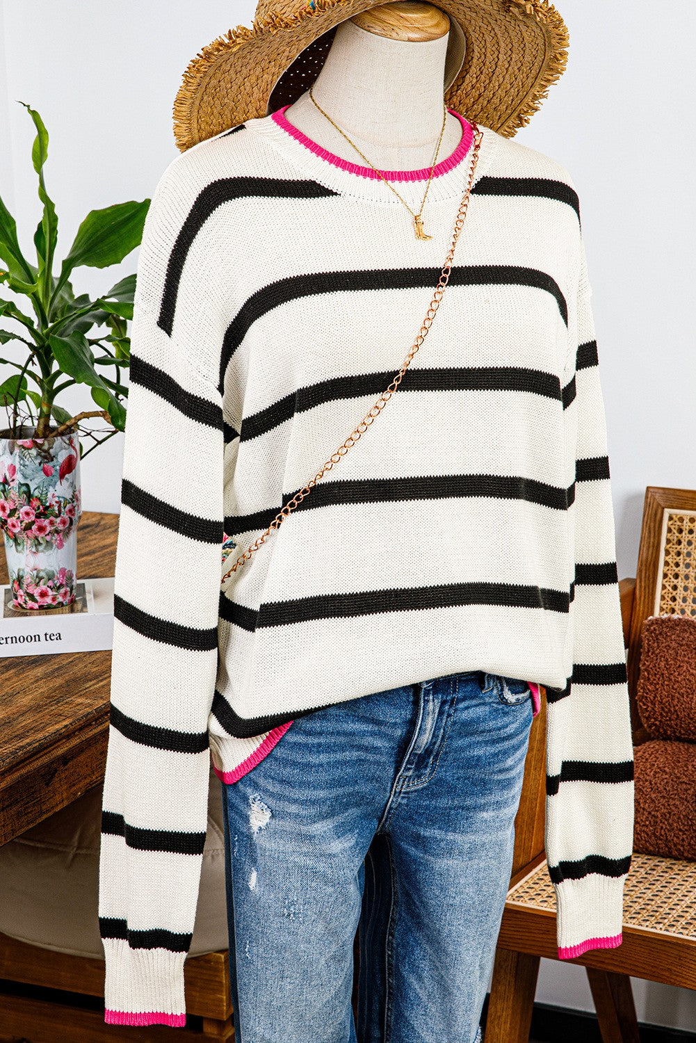 Miranda White Stripe Color Contrast Drop Shoulder Crew Neck Sweater