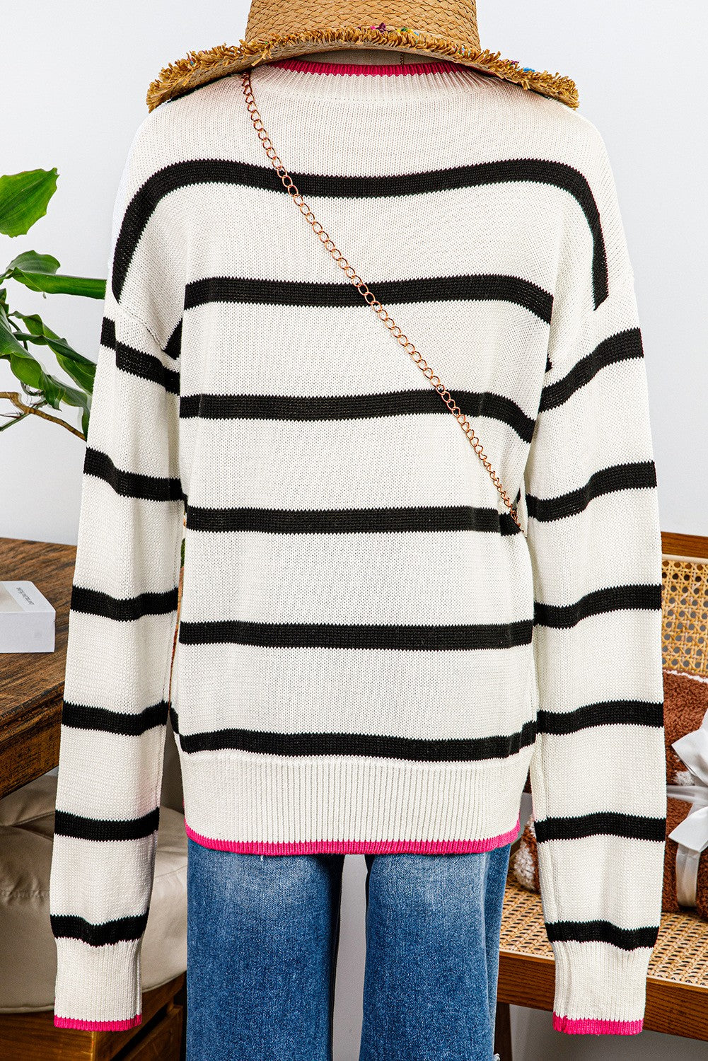 Miranda White Stripe Color Contrast Drop Shoulder Crew Neck Sweater