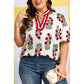 Miree White Floral Short Bubble Sleeve Contrast Slit Neckline Blouse