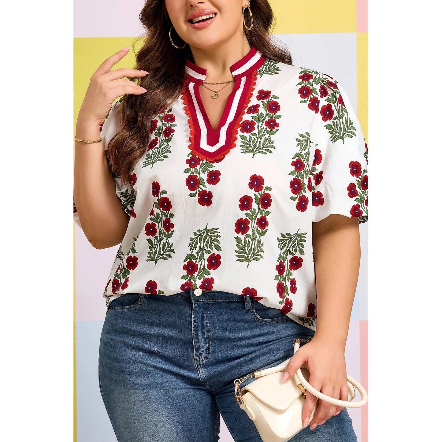 Miree White Floral Short Bubble Sleeve Contrast Slit Neckline Blouse