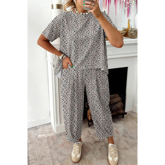 SALE!!!  Mischa White Leopard Loose Tee Drawstring Waist Barrel Pants Set