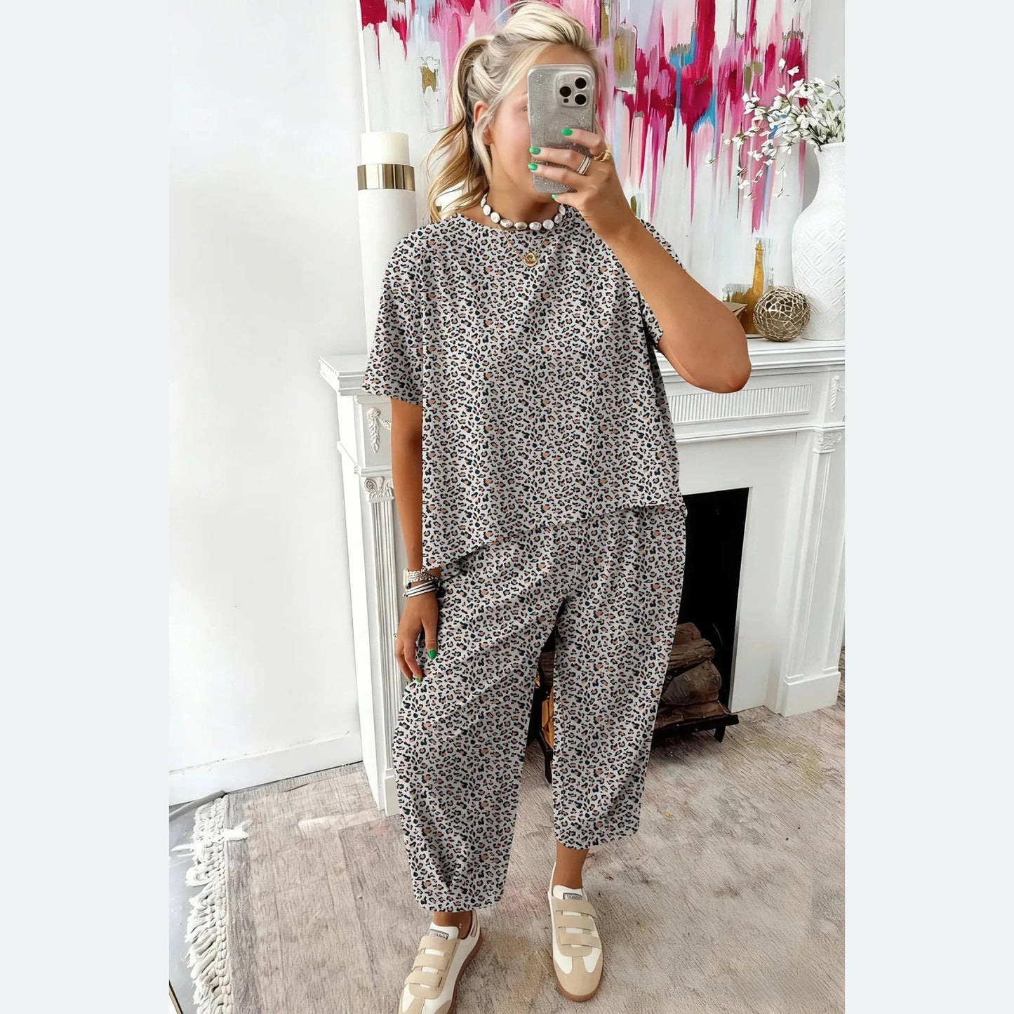 SALE!!!  Mischa White Leopard Loose Tee Drawstring Waist Barrel Pants Set