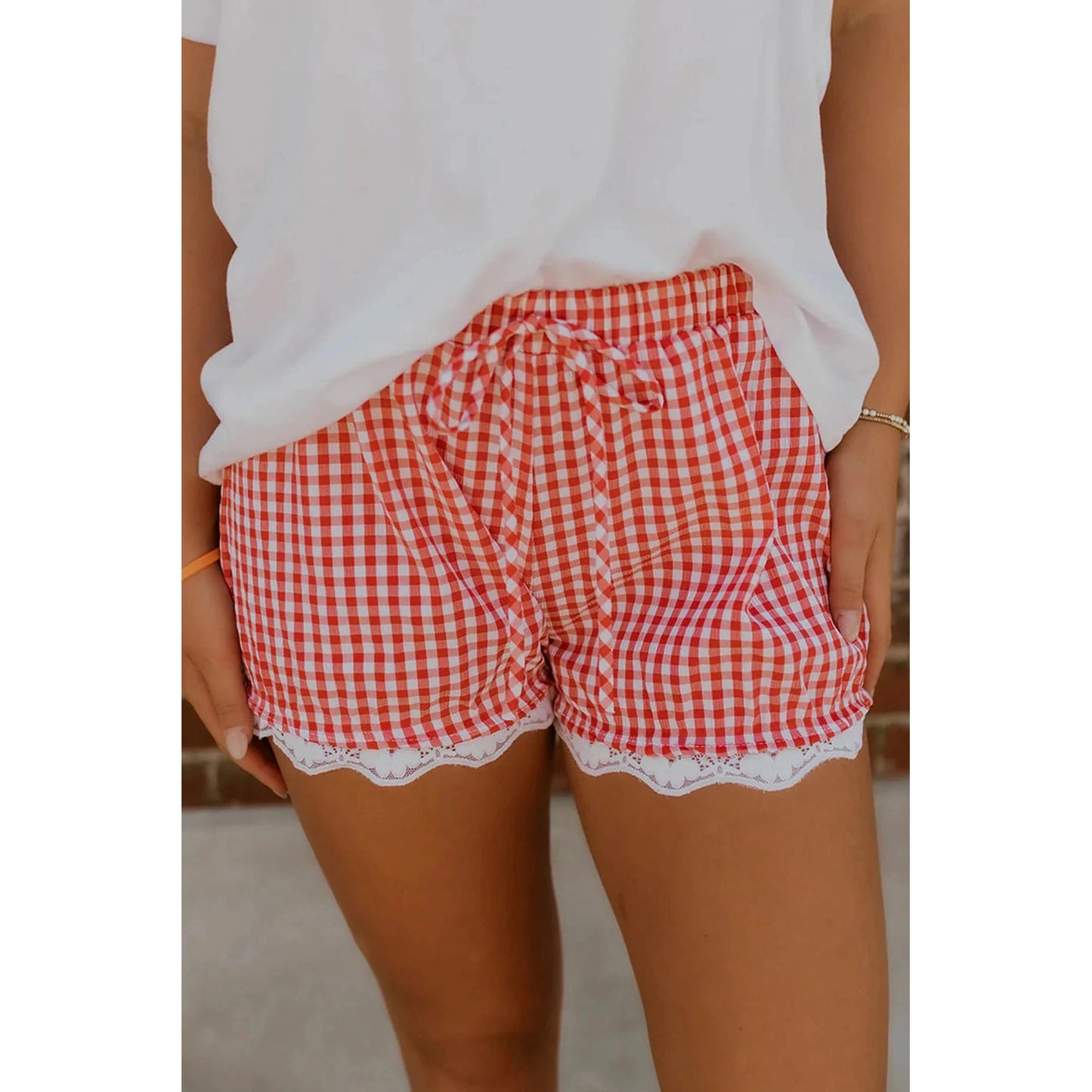 Missy Red Gingham Plaid Tie Elastic Waist Lace Patchwork Hem Casual Shorts