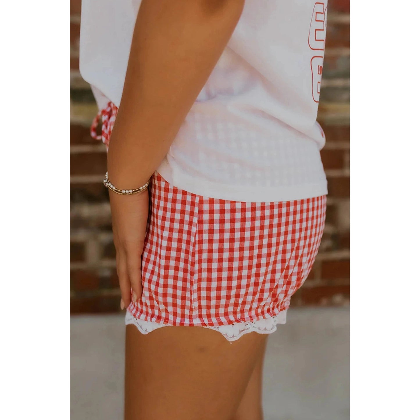 Missy Red Gingham Plaid Tie Elastic Waist Lace Patchwork Hem Casual Shorts