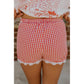 Missy Red Gingham Plaid Tie Elastic Waist Lace Patchwork Hem Casual Shorts
