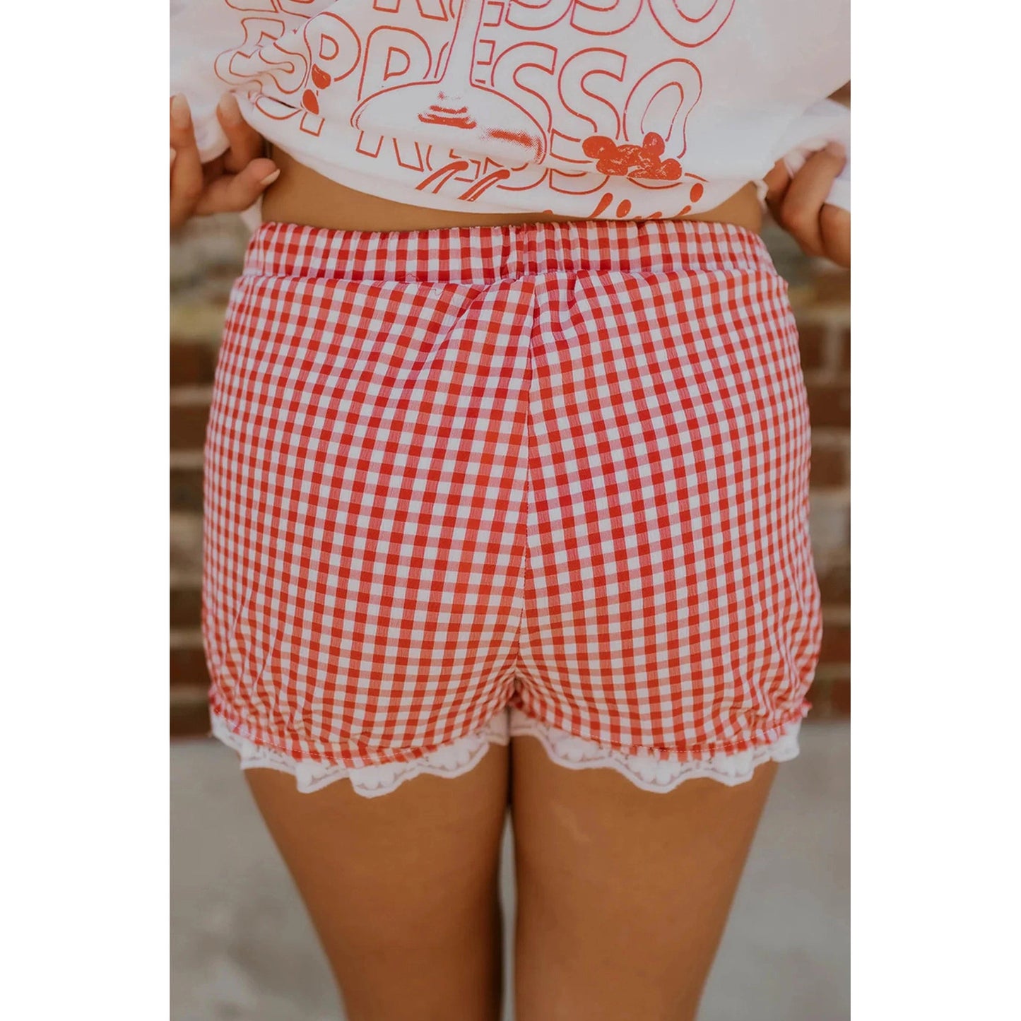 Missy Red Gingham Plaid Tie Elastic Waist Lace Patchwork Hem Casual Shorts