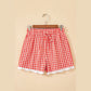 Missy Red Gingham Plaid Tie Elastic Waist Lace Patchwork Hem Casual Shorts