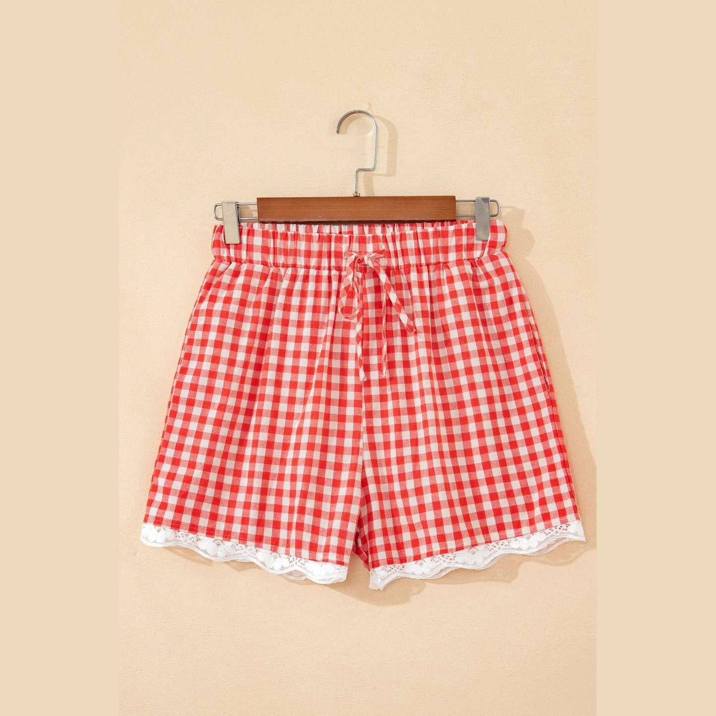 Missy Red Gingham Plaid Tie Elastic Waist Lace Patchwork Hem Casual Shorts