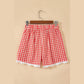 Missy Red Gingham Plaid Tie Elastic Waist Lace Patchwork Hem Casual Shorts