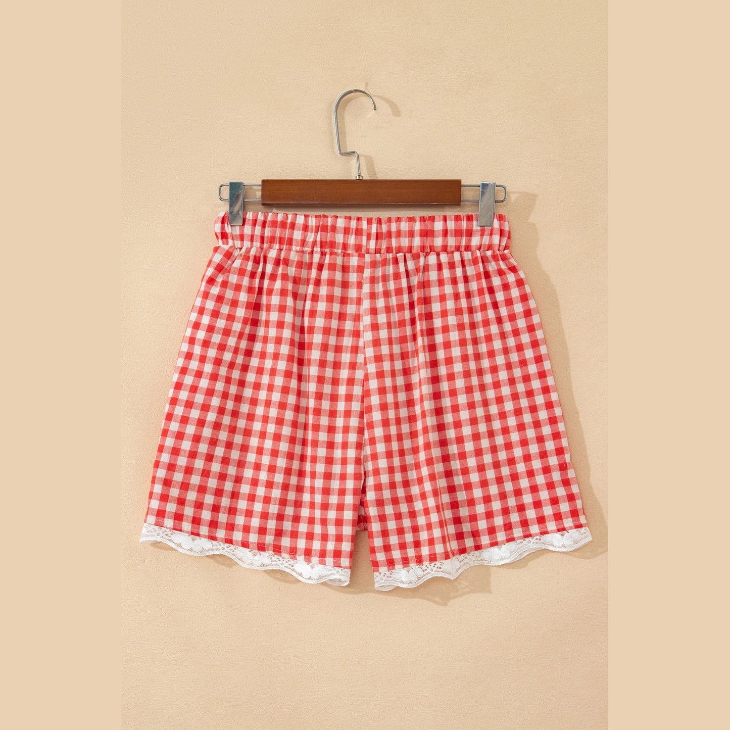 Missy Red Gingham Plaid Tie Elastic Waist Lace Patchwork Hem Casual Shorts