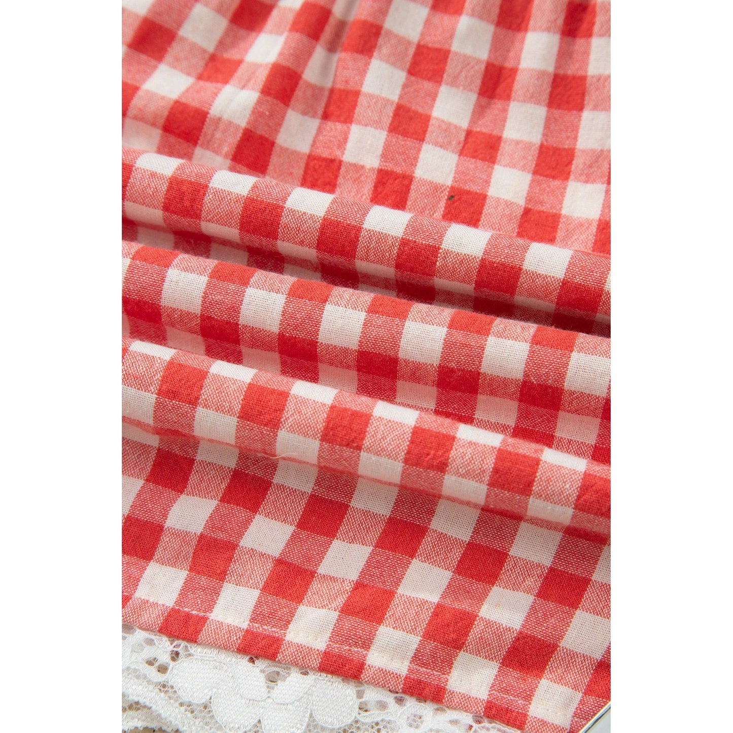 Missy Red Gingham Plaid Tie Elastic Waist Lace Patchwork Hem Casual Shorts