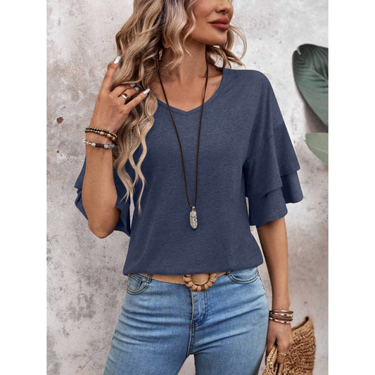 Mitzi Blue Effortless Doube Ruffle Sleeve Top