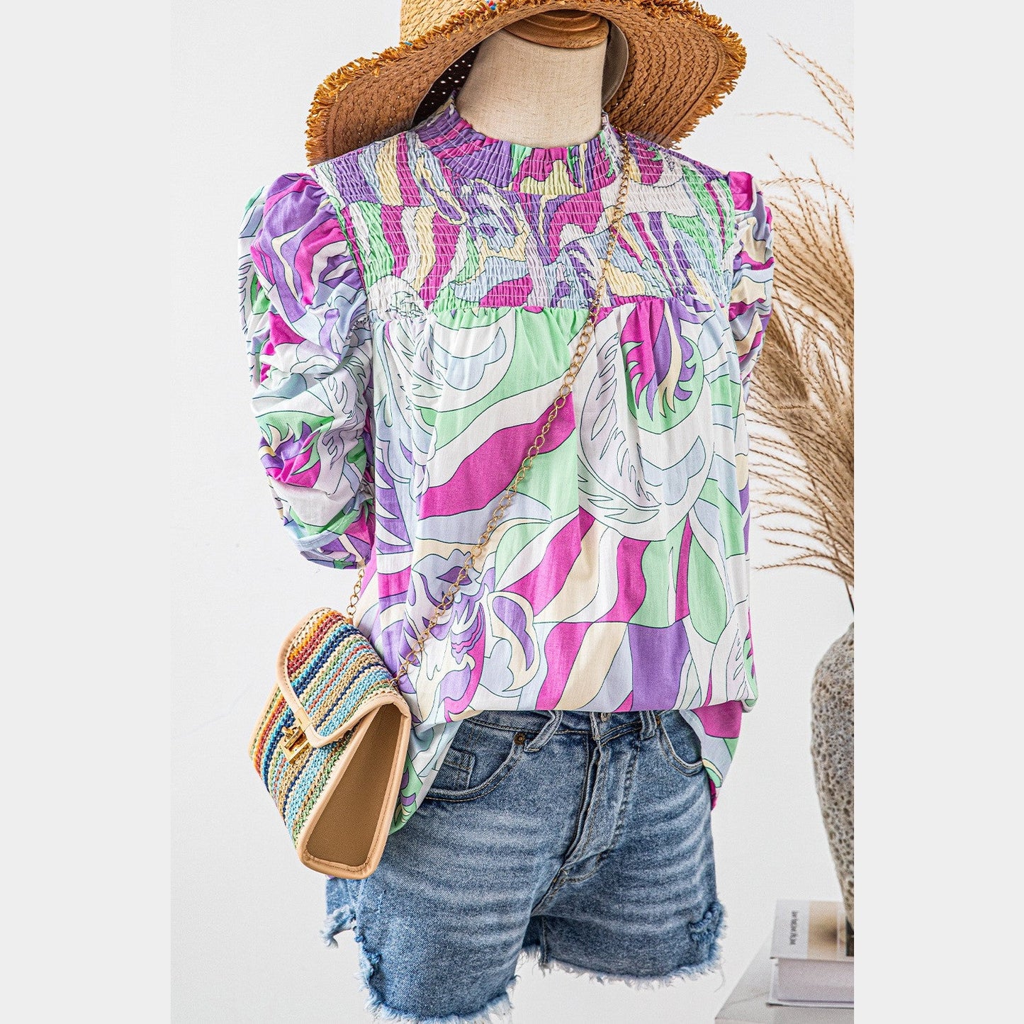 Mitzy Green Abstract Print Bubble Sleeve Smock Detail Blouse