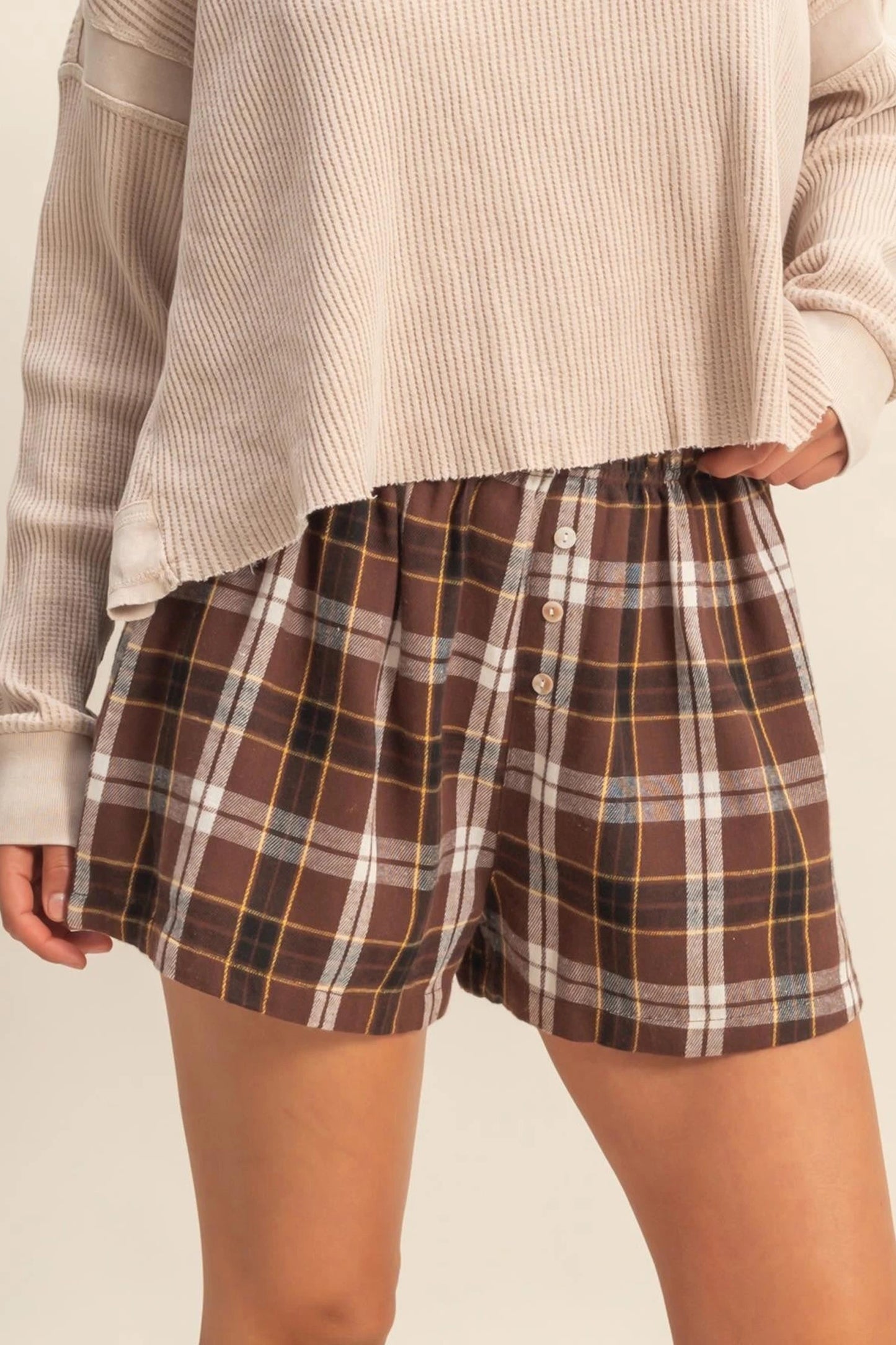 Mary Jane Brown Plaid Button Front Elastic Waist Shorts