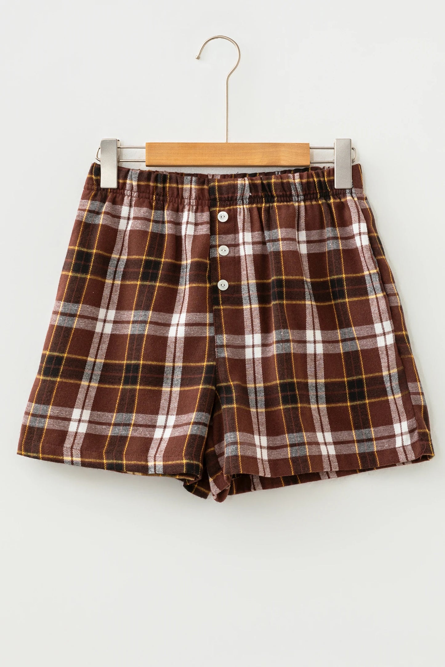 Mary Jane Brown Plaid Button Front Elastic Waist Shorts