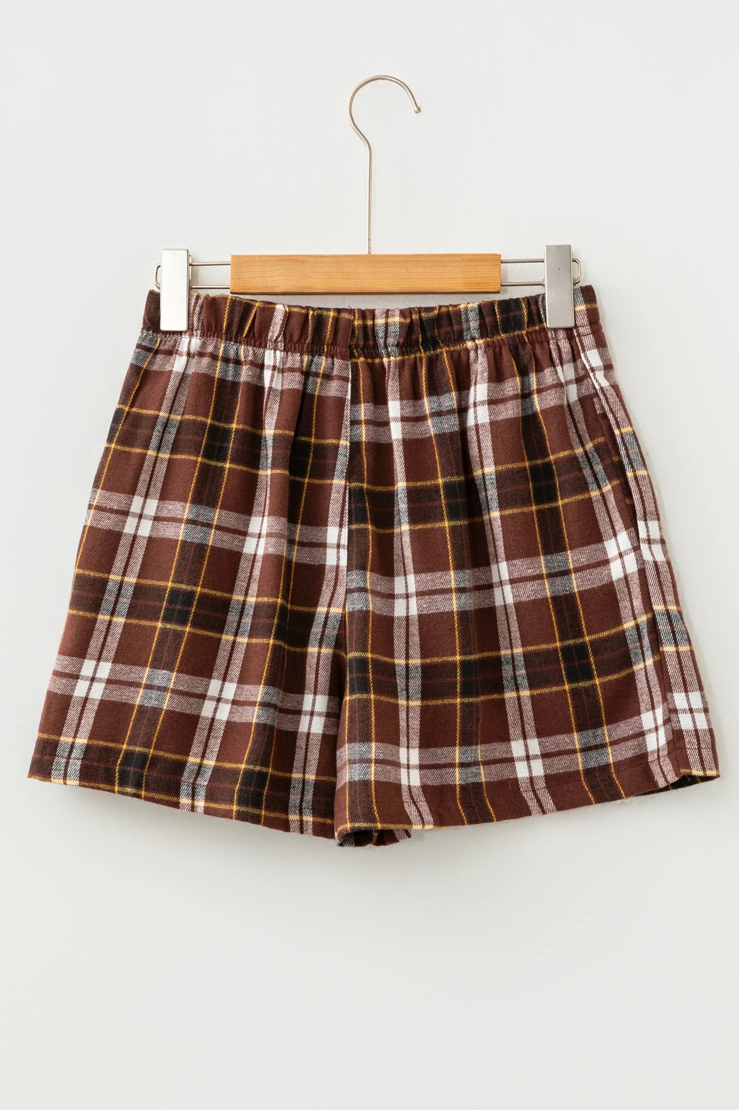 Mary Jane Brown Plaid Button Front Elastic Waist Shorts