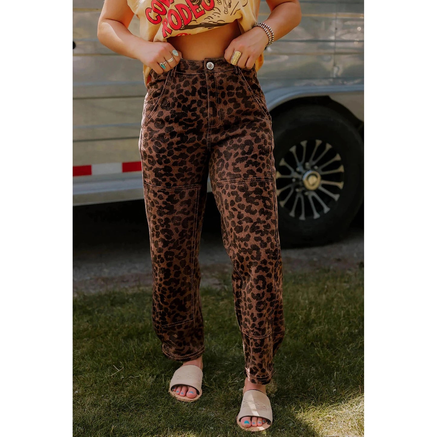 Mary Kate Brown Clear Seam Detail Patchwork Leopard Print Jeans