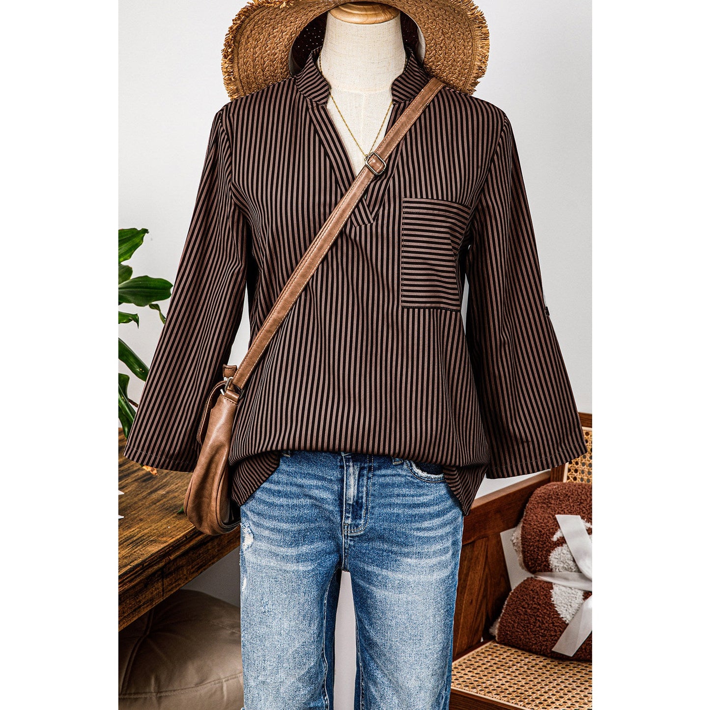 REDUCED!!!  Mary Margaret Brown Stripe V Neck Roll Up Sleeve Pocket Patched Classic Shirt  REDUCED!!!