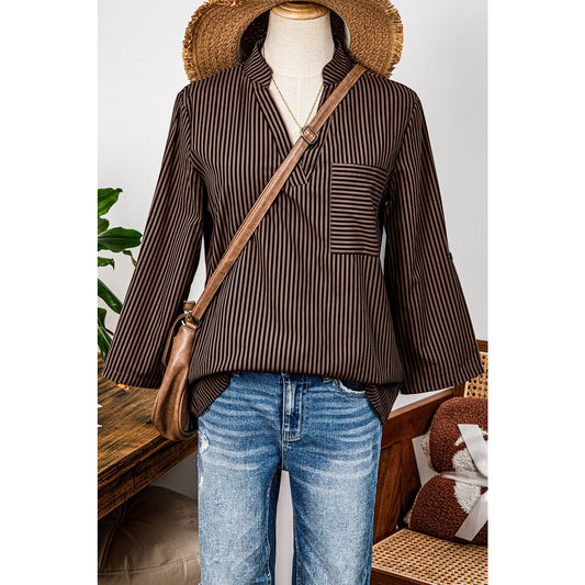 REDUCED!!!  Mary Margaret Brown Stripe V Neck Roll Up Sleeve Pocket Patched Classic Shirt  REDUCED!!!