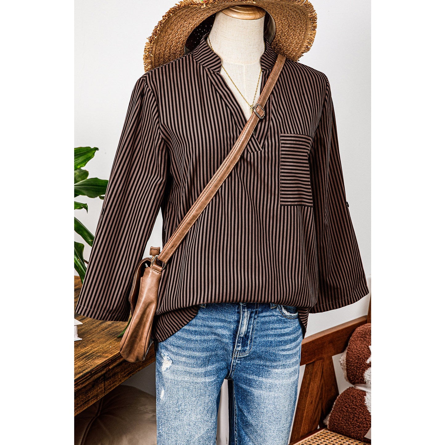 REDUCED!!!  Mary Margaret Brown Stripe V Neck Roll Up Sleeve Pocket Patched Classic Shirt  REDUCED!!!