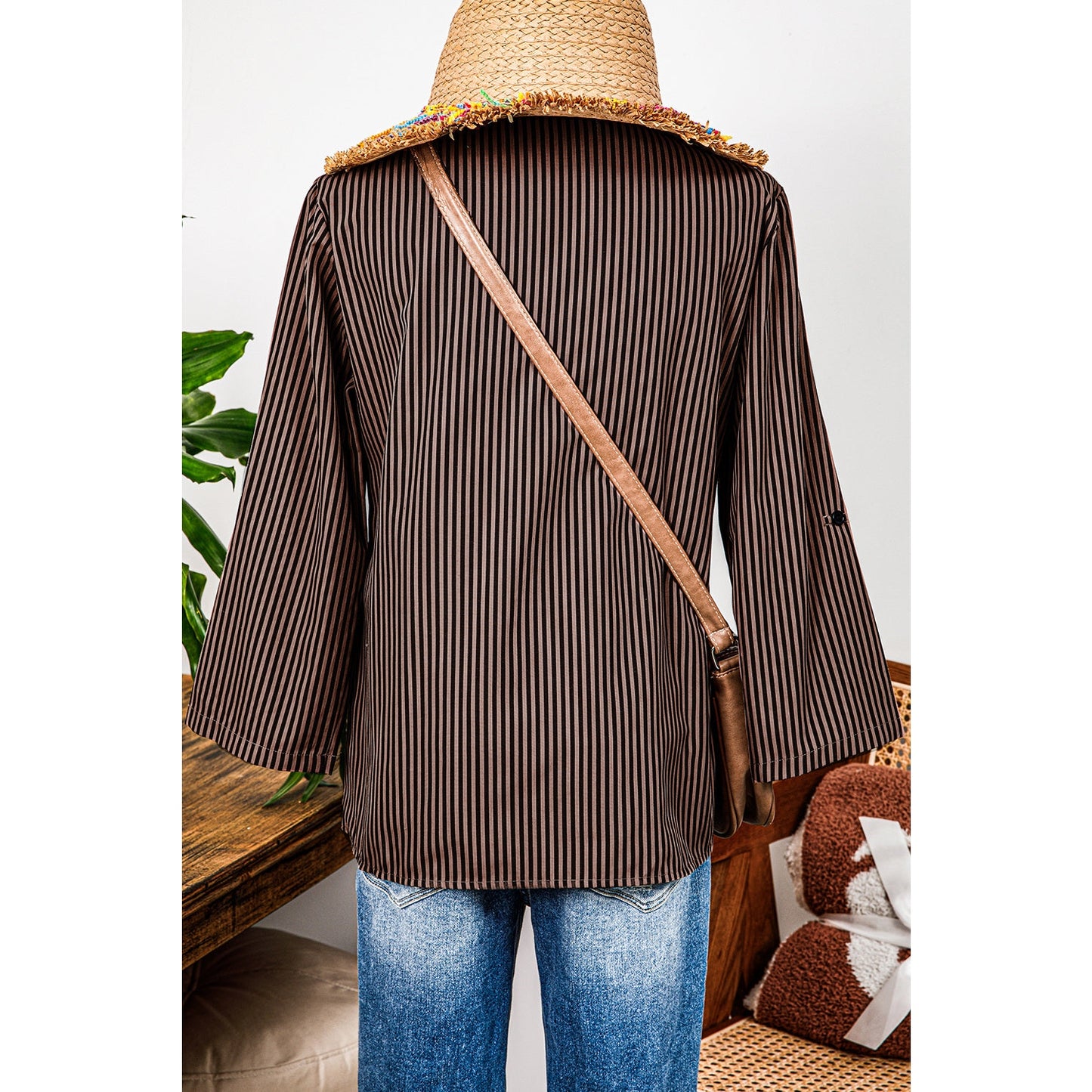 REDUCED!!!  Mary Margaret Brown Stripe V Neck Roll Up Sleeve Pocket Patched Classic Shirt  REDUCED!!!