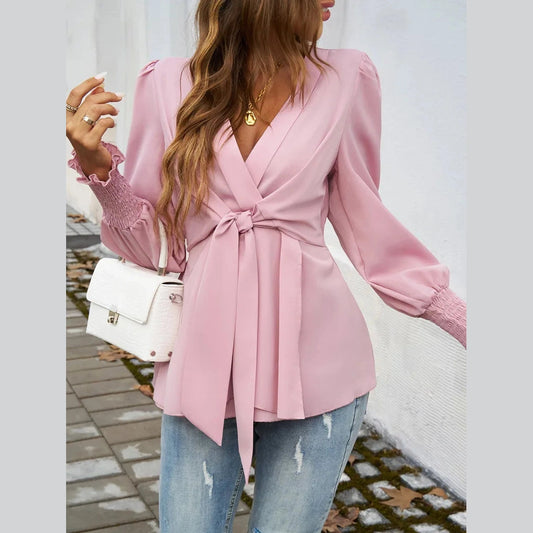 Molly Pink V Neck Wrap Blouse