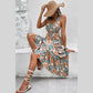 Monica Green Floral Print Trimmed V Neck Tie Waist Sleeveless Holiday Long Dress