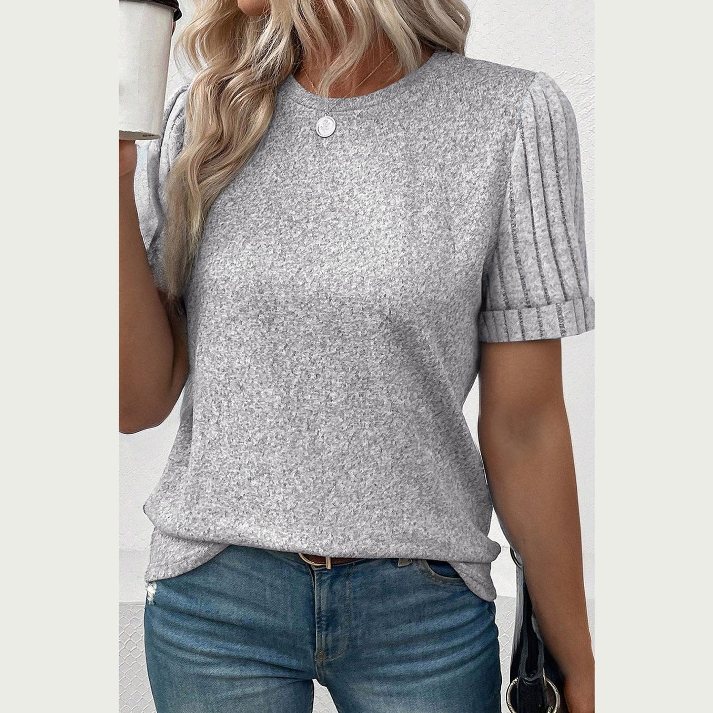 Monroe Grey Ribbed Splicing Sleeve Round Neck T-shirt