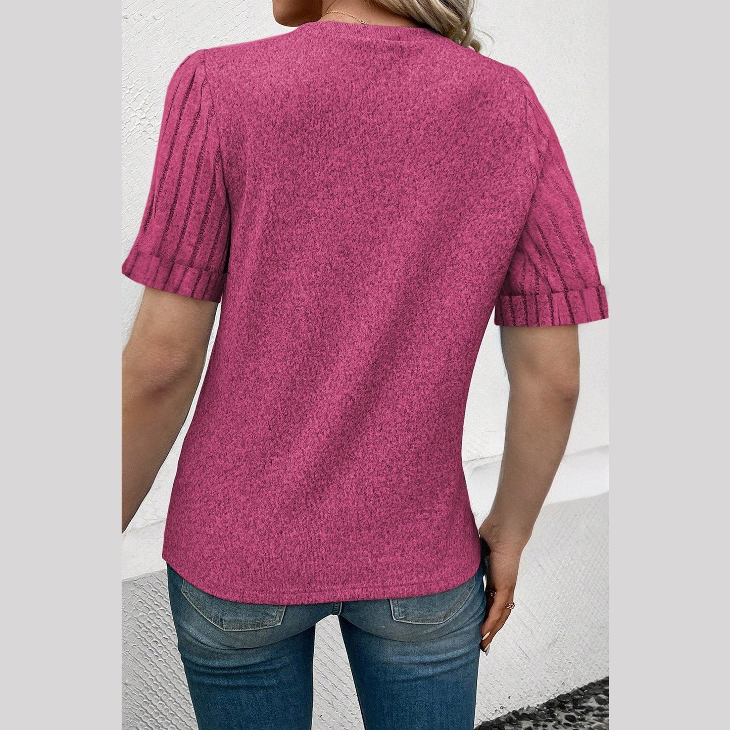 Monroe Hot Pink Ribbed Splicing Sleeve Round Neck T-shirt