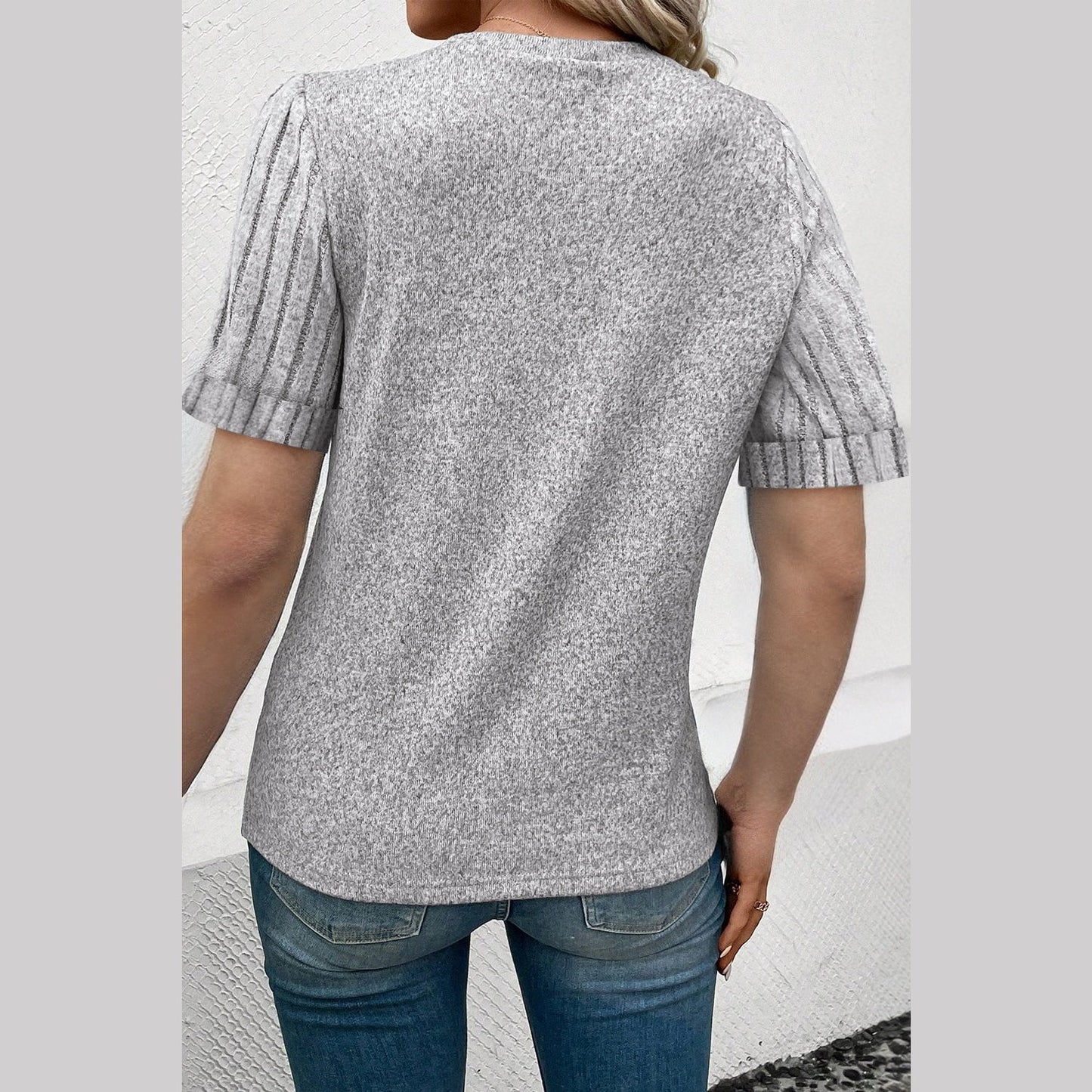 Monroe Grey Ribbed Splicing Sleeve Round Neck T-shirt