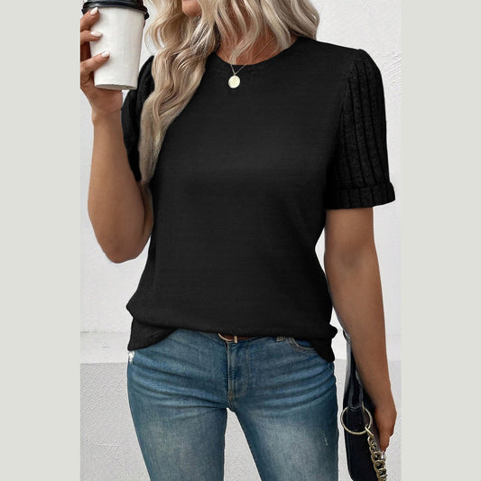 Monroe Black Ribbed Splicing Sleeve Round Neck T-shirt