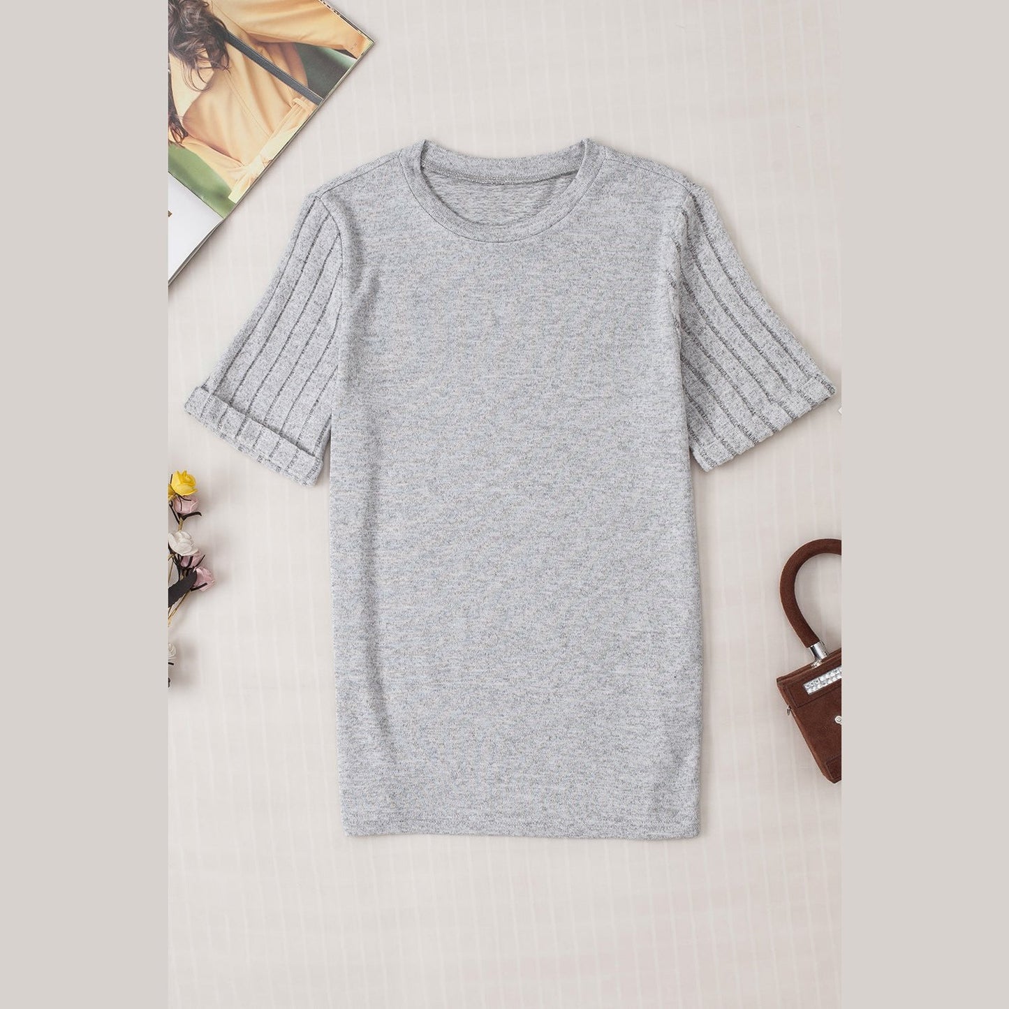 Monroe Grey Ribbed Splicing Sleeve Round Neck T-shirt