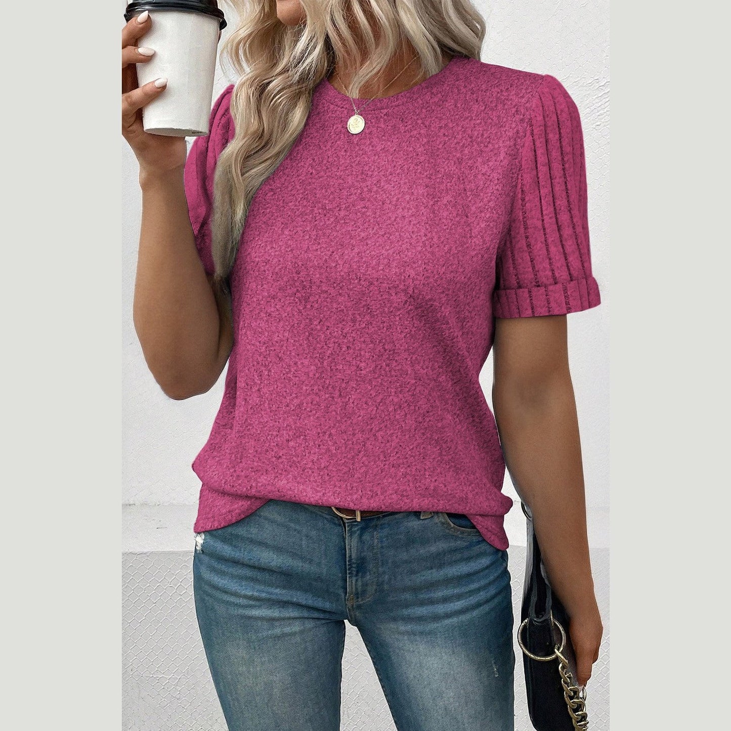 Monroe Hot Pink Ribbed Splicing Sleeve Round Neck T-shirt