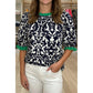 Morgan Black Damask Print Ruffled Color Block Detail Half Sleeve Blouse