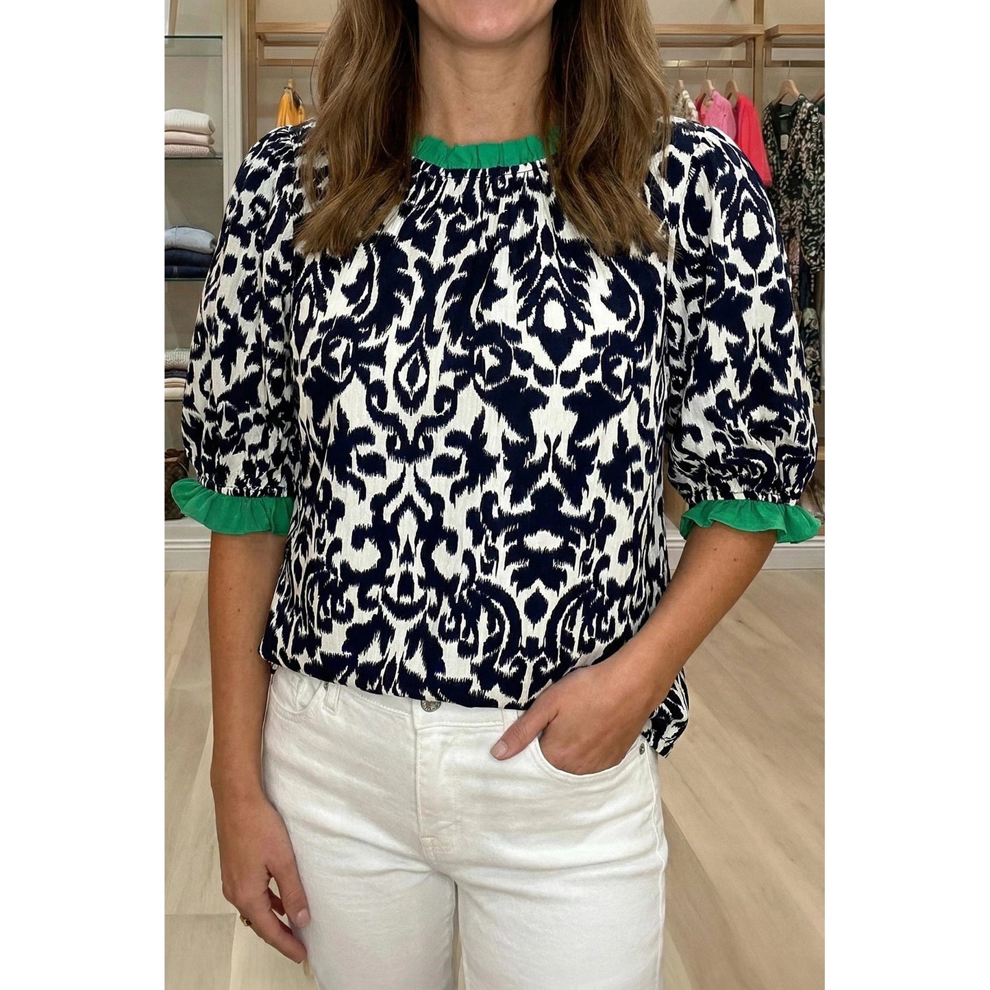 Morgan Black Damask Print Ruffled Color Block Detail Half Sleeve Blouse