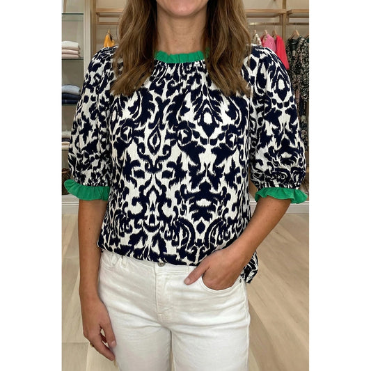 Morgan Black Damask Print Ruffled Color Block Detail Half Sleeve Blouse