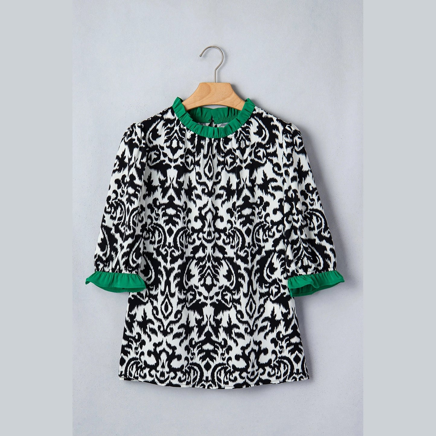 Morgan Black Damask Print Ruffled Color Block Detail Half Sleeve Blouse