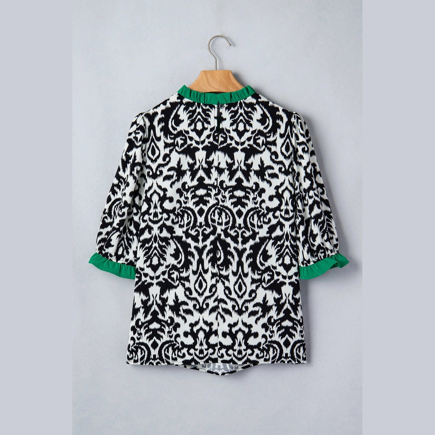 Morgan Black Damask Print Ruffled Color Block Detail Half Sleeve Blouse