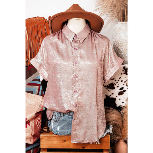 Moriah Pink Metallic Buttoned Loose Fit Short Sleeve Shirt