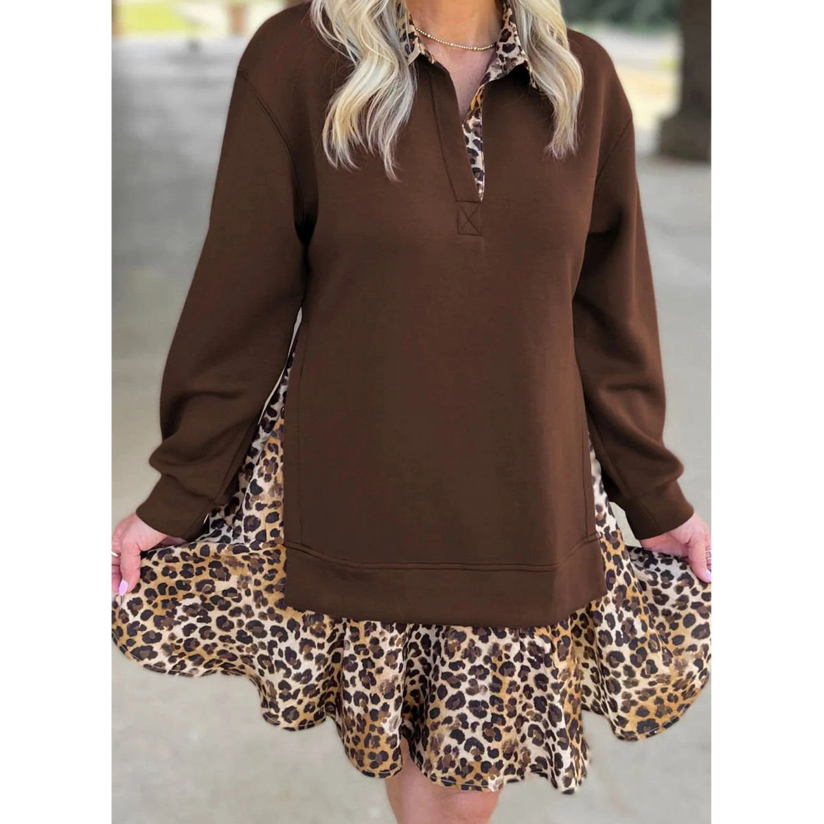 Moriah Coffee Leopard Patchwork Collar Long Sleeve Dress