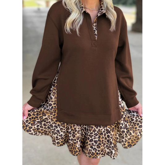 Moriah Coffee Leopard Patchwork Collar Long Sleeve Dress